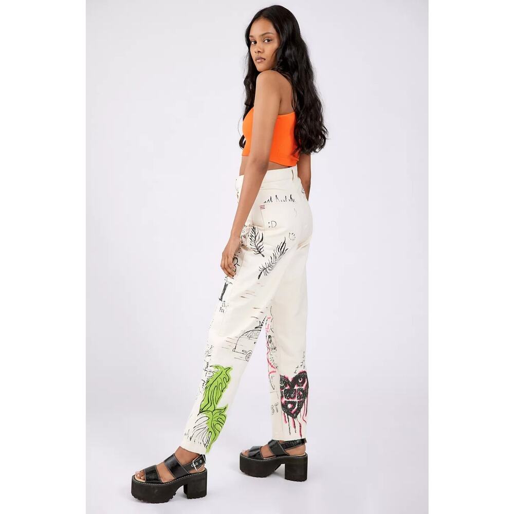 BDG Urban Outfitters Size 26x30 High Rise Ivory Y2K Doodle Carpenter Jeans 90's